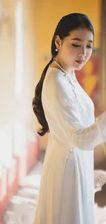 Elegant woman in white dress against warm, softly lit background.