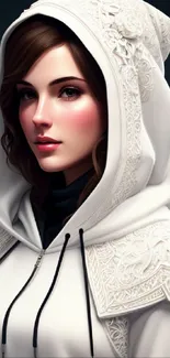 Elegant woman in a detailed white hoodie with intricate embroidery.