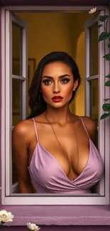 Elegant woman in a pink dress by a window.