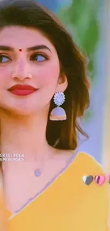 Woman in yellow outfit with elegant style.