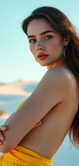 Elegant woman in yellow attire in a serene landscape.