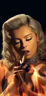 An elegant woman lighting a cigar in a dimly lit setting.