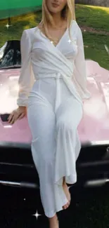 Elegant woman in white on pink car.