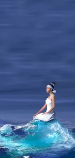 Woman in white seated on ice against blue sky.