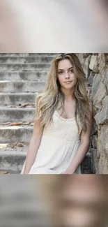 Woman in white dress on stone steps with natural background.