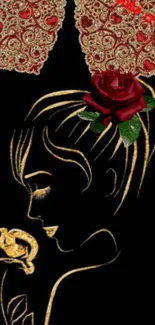 Elegant golden silhouette of a woman with roses on black background wallpaper.