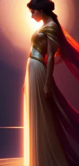 Silhouette of elegant woman in golden dress with halo glow.