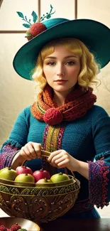 A stylish woman in teal holding a basket of apples indoors.