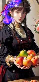 Elegant woman in traditional dress holding apples by a window.