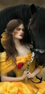 Woman in yellow dress with black horse.