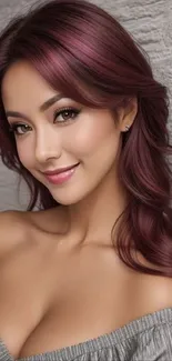 Mobile wallpaper of a woman with elegant burgundy hair and a gentle smile.