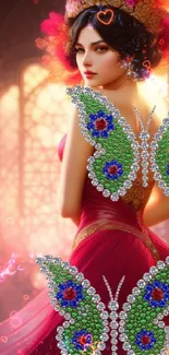 Elegant woman with jeweled butterflies and a warm orange glow.