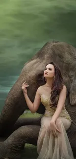 Elegant woman with elephant in nature setting.