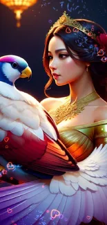 Elegant woman holding an exotic bird with vibrant colors against a dark background.