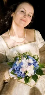 Woman in vintage attire with floral bouquet.