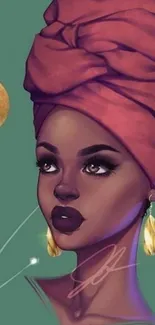 Digital art of an elegant woman with a headwrap against a green background.