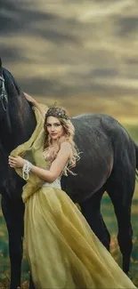 Woman in flowing dress with black horse, dreamy background.