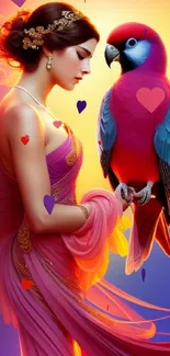 Artistic wallpaper of elegant woman with colorful parrot in purple hues.