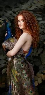 Woman gracefully holding a peacock against a dark forest backdrop.