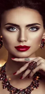 Elegant woman with red lipstick and jewelry.