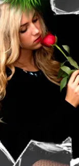 Romantic wallpaper with woman holding rose on dark background.