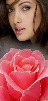 Elegant woman with shimmering pink rose, perfect for phone wallpaper.