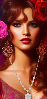 Elegant woman surrounded by vibrant roses with a sparkling necklace.