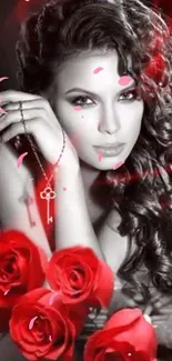 Black and white elegant woman with red roses and key necklace.