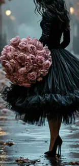 Elegantly dressed woman with roses on a rainy street