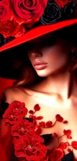 Elegant woman with hat and red roses.