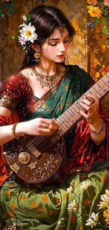 Elegant woman playing sitar with floral background.