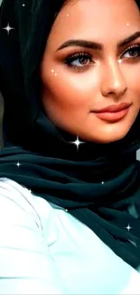 Elegant woman with dark scarf and sparkling effect.