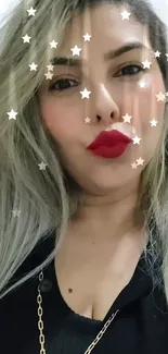 Elegant woman with long hair and star filter effect.