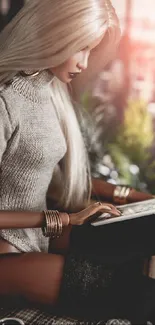 Elegant woman using a tablet with soft beige tones and cozy ambiance.