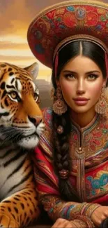 Woman in colorful attire with a tiger in a striking mobile wallpaper.