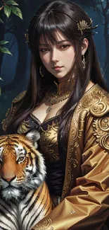 Elegant woman and tiger in a mystical forest wallpaper.