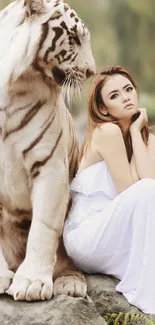 Woman in white dress with a white tiger, serene nature scene.