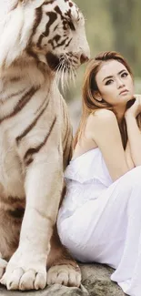 Elegant woman sits beside majestic white tiger in a serene, nature-inspired setting.