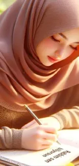 Elegant woman in hijab writing thoughtfully.