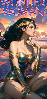 Wonder Woman in stunning digital artwork with vibrant colors at sunset.