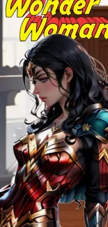 Anime-style Wonder Woman illustrated in detailed design.