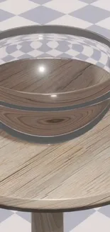 Reflective wooden bowl on a wooden table.