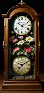 Vintage wooden clock with floral design and elegant details.