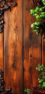 Wooden door with ivy plants and intricate carvings.