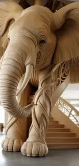 Intricate wooden elephant statue in a luxurious home foyer.