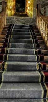 Elegant wooden staircase with rich carpet detailing wallpaper.