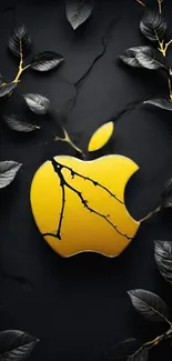 Yellow Apple logo with dark leaves background