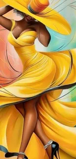 Stylish figure in an elegant yellow dress on a vibrant background.