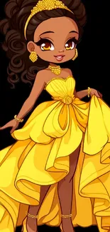 Illustration of a character in an elegant yellow dress on a black background.