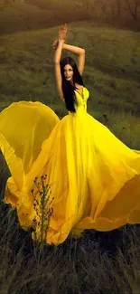 Woman in a flowing yellow dress standing in a serene natural landscape.